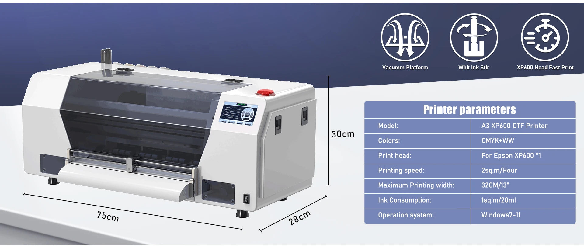 EU USA Stock A3 DTF Printer 13inch with XP600 Print Head | Roll to Roll Direct Transfer Film Printer for T-Shirt Printing
