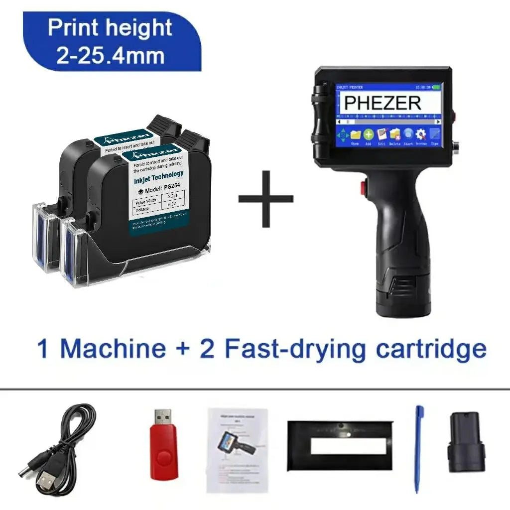 Phezer 12.7/25.4mm Label Printer Handheld Inkjet Printer QR Bar Batch Code Date Number Logo Expiry Date Coding Machine Portable