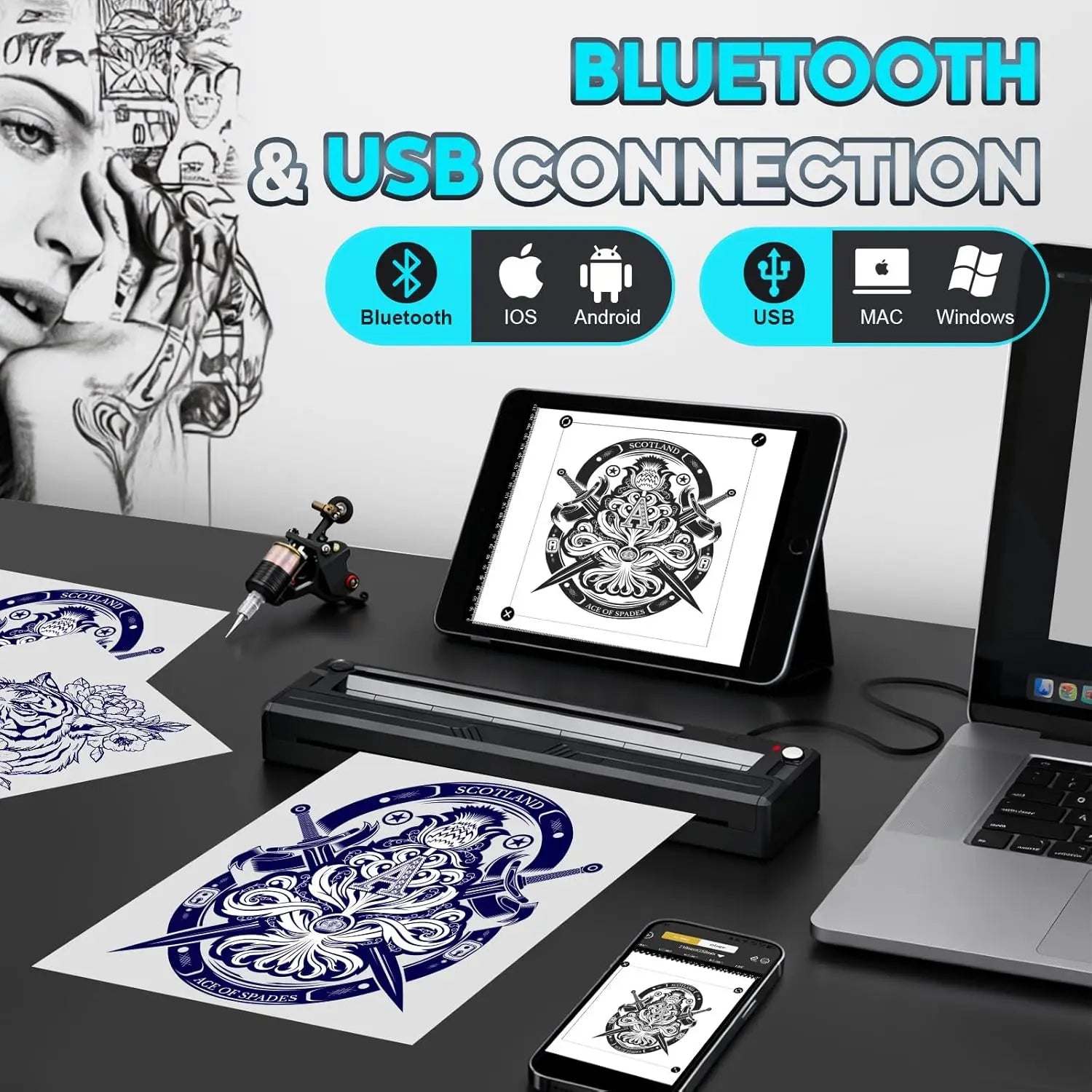 Portable Bluetooth A4 Tattoo Printer Wireless Tattoo Stencil Printer Suitable for Artists&Beginners Supports Phones/Tablets/PC