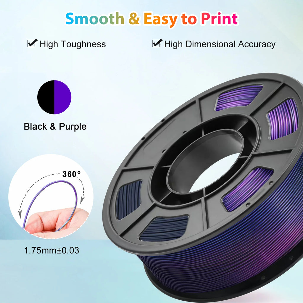 Silk PLA Dual Color Filament 1.75mm 3D Printer Filament, Coextrusion Black Purple Metal-Like Shiny PLA Filament, 250g (0.55lbs)