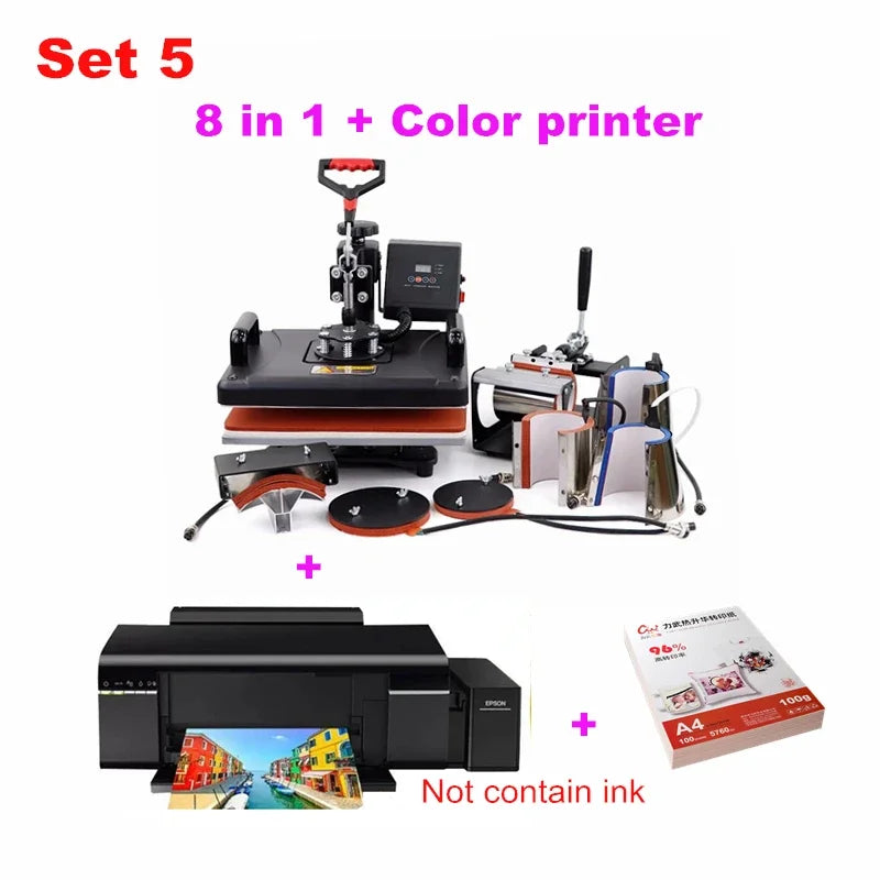8 In 1 Combo Sublimation Printer Heat Transfer Heat Press Machine For DIY Cap Mug Plate T-shirts Bottle Phone Case Hot Stamping