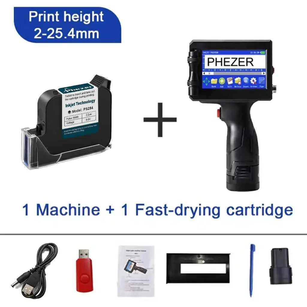 Phezer 12.7/25.4mm Label Printer Handheld Inkjet Printer QR Bar Batch Code Date Number Logo Expiry Date Coding Machine Portable