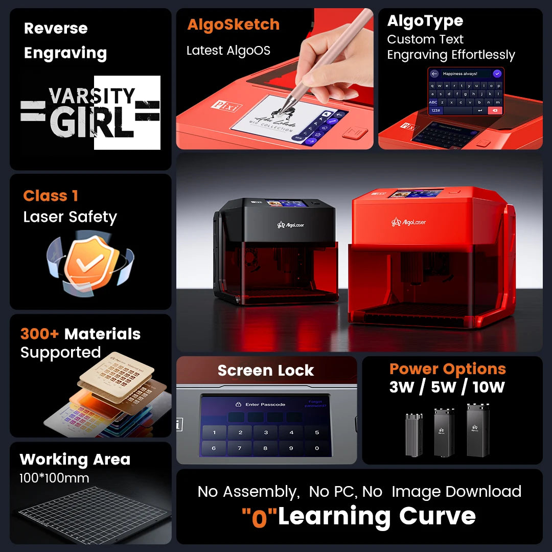 AlgoLaser Mini Portable Laser Engraver DIY Touch Screen Machine Painted Dog Tag Paper Leather Wooden Plastic Logo CNC Machine