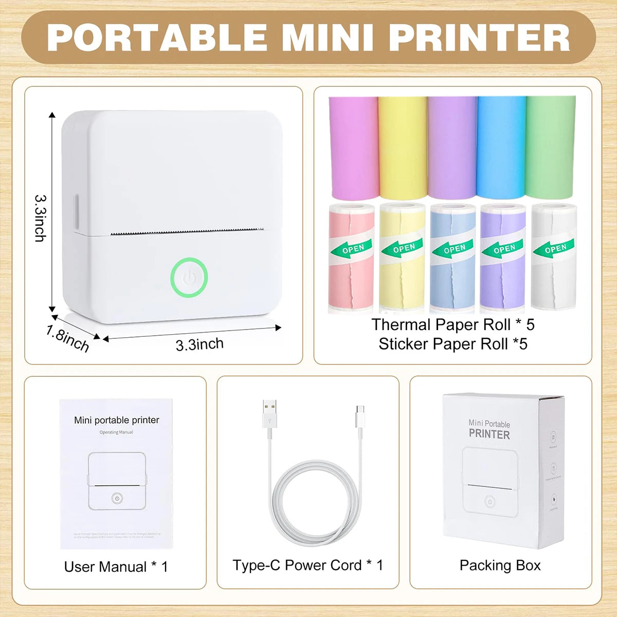 Wireless Mini Photo Thermal Printer | Mobile App, USB Charging, Suitable for Thermal Paper, Photos and Notes | Office,57*25mm