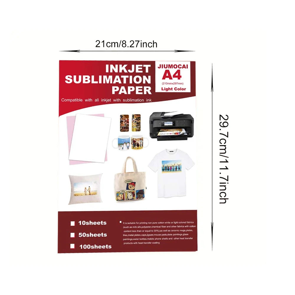 50PCS A4 Sublimation Heat Transfer Paper For Inkjet Printer DIY T Shirt Clothes Bag Cup Ceramics Thermal Transfer Papers