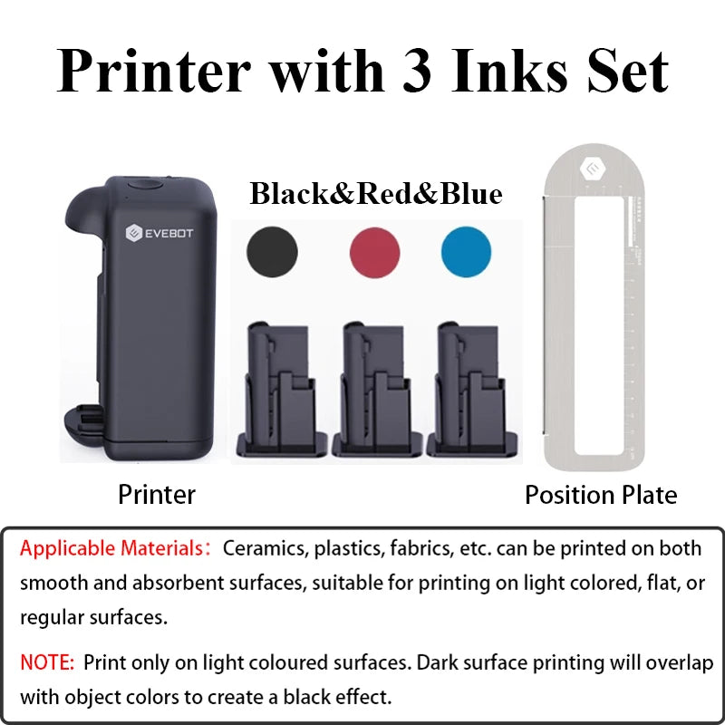 EVEBOT PRINTIND Portable Handheld Industrial Inkjet Printer Bluetooth Wireless Smart Mini Printer Quick-dry Ink (Permanent Ink)