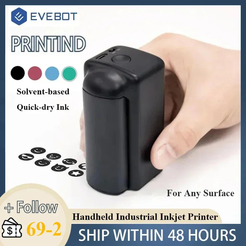 EVEBOT PRINTIND Portable Handheld Industrial Inkjet Printer Bluetooth Wireless Smart Mini Printer Quick-dry Ink (Permanent Ink)
