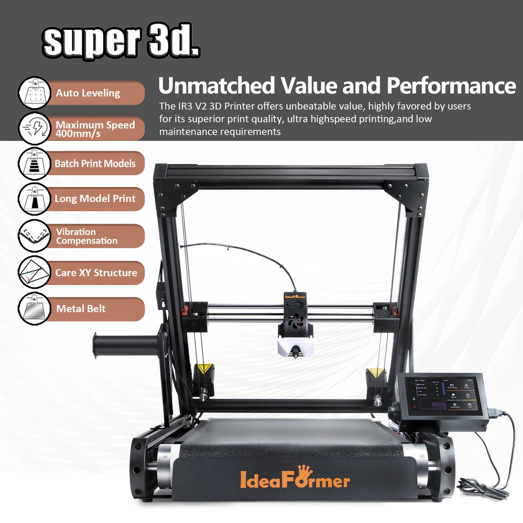 IdeaFormer IR3 V2 FDM 3D Printer Auto Leveling Core XY Stable Structure Infinite Z-Axis Steel Conveyor Belt With Extended Tray