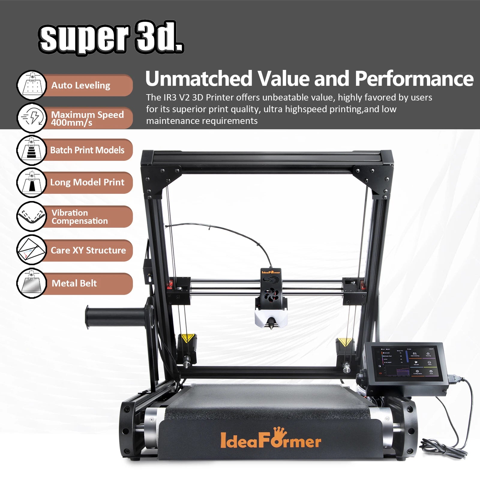 IdeaFormer IR3 V2 FDM 3D Printer Auto Leveling Core XY Stable Structure Infinite Z-Axis Steel Conveyor Belt With Extended Tray