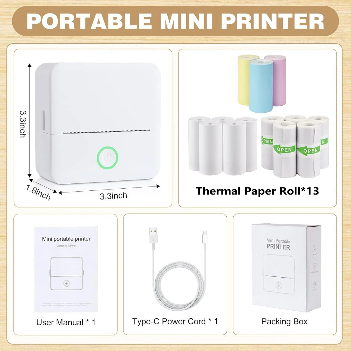 Wireless Mini Photo Thermal Printer | Mobile App, USB Charging, Suitable for Thermal Paper, Photos and Notes | Office,57*25mm