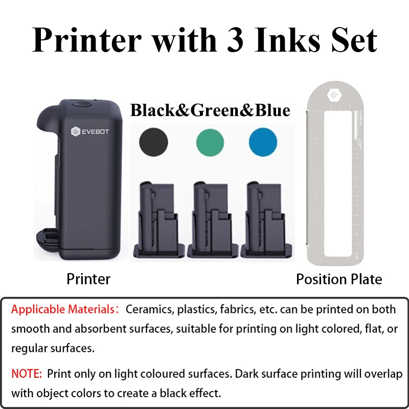 EVEBOT PRINTIND Portable Handheld Industrial Inkjet Printer Bluetooth Wireless Smart Mini Printer Quick-dry Ink (Permanent Ink)