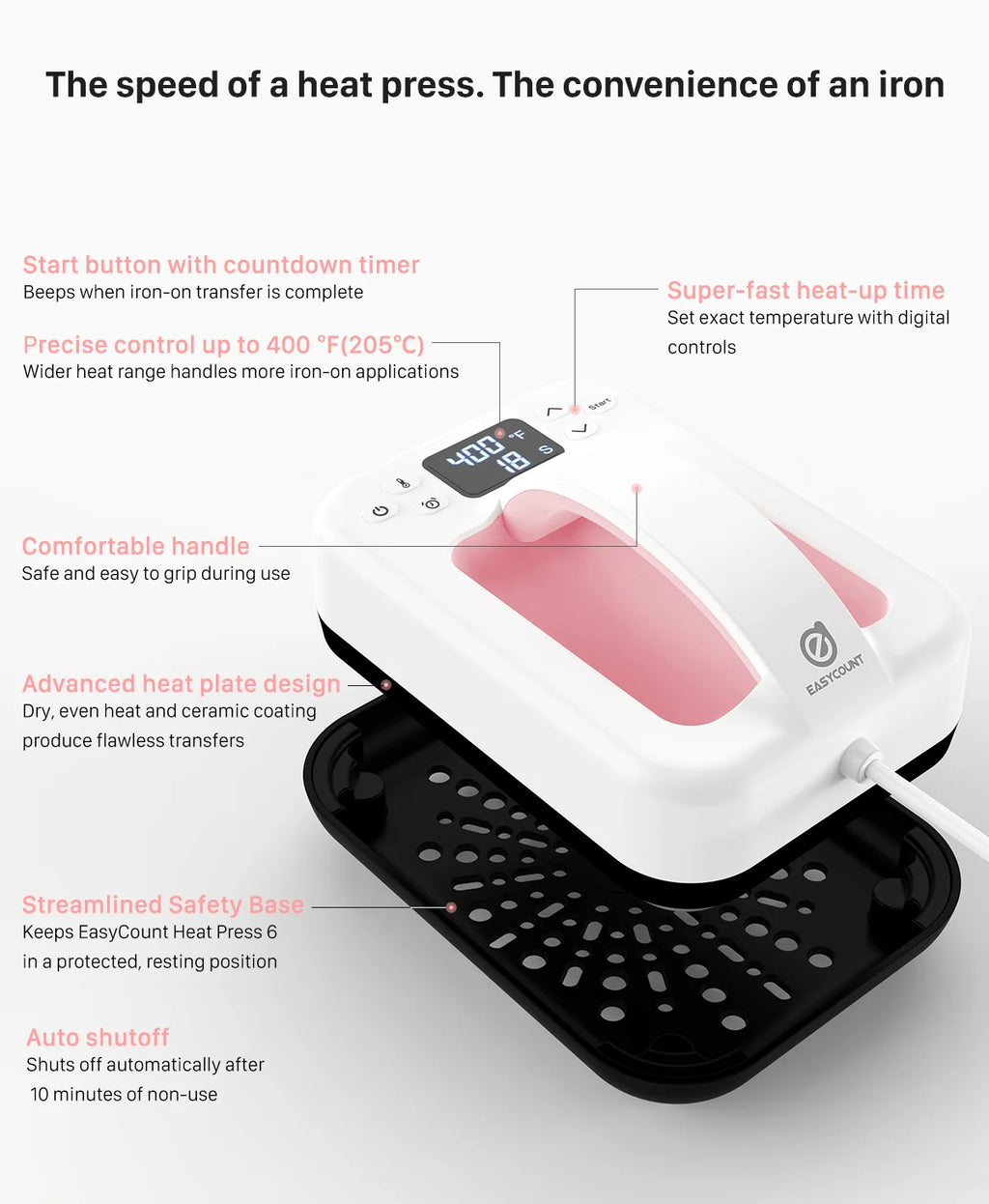 1PCS Heat Press Machine for T Shirts 7‘’x5'' Portable T Shirt Press Machine Fast Heat-up Iron Press Heat Transfer Machine(Pink)