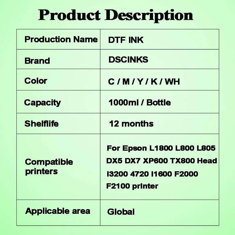 1000ML 5Colors DTF ink kit for direct transfer film for PET film all desktop & large format DTF printer BK C M Y White color