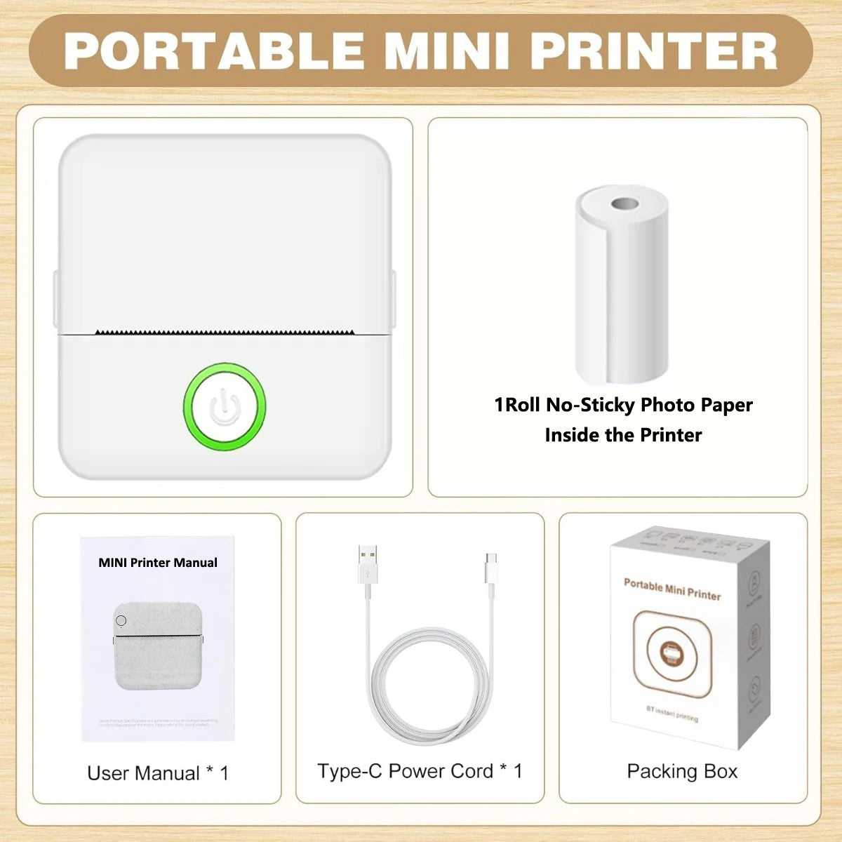 Wireless Mini Photo Thermal Printer | Mobile App, USB Charging, Suitable for Thermal Paper, Photos and Notes | Office,57*25mm