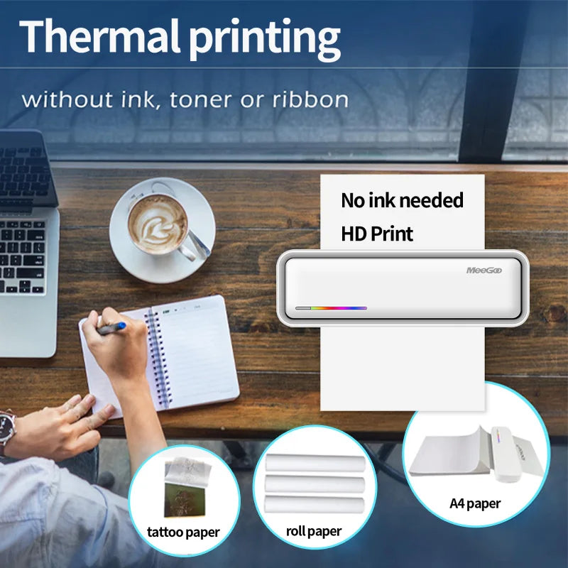 Portable A4 Thermal Printer Bluetooth Photos PDF Document Printing Machine Folded Rolls Paper For Office Work Home School Travel