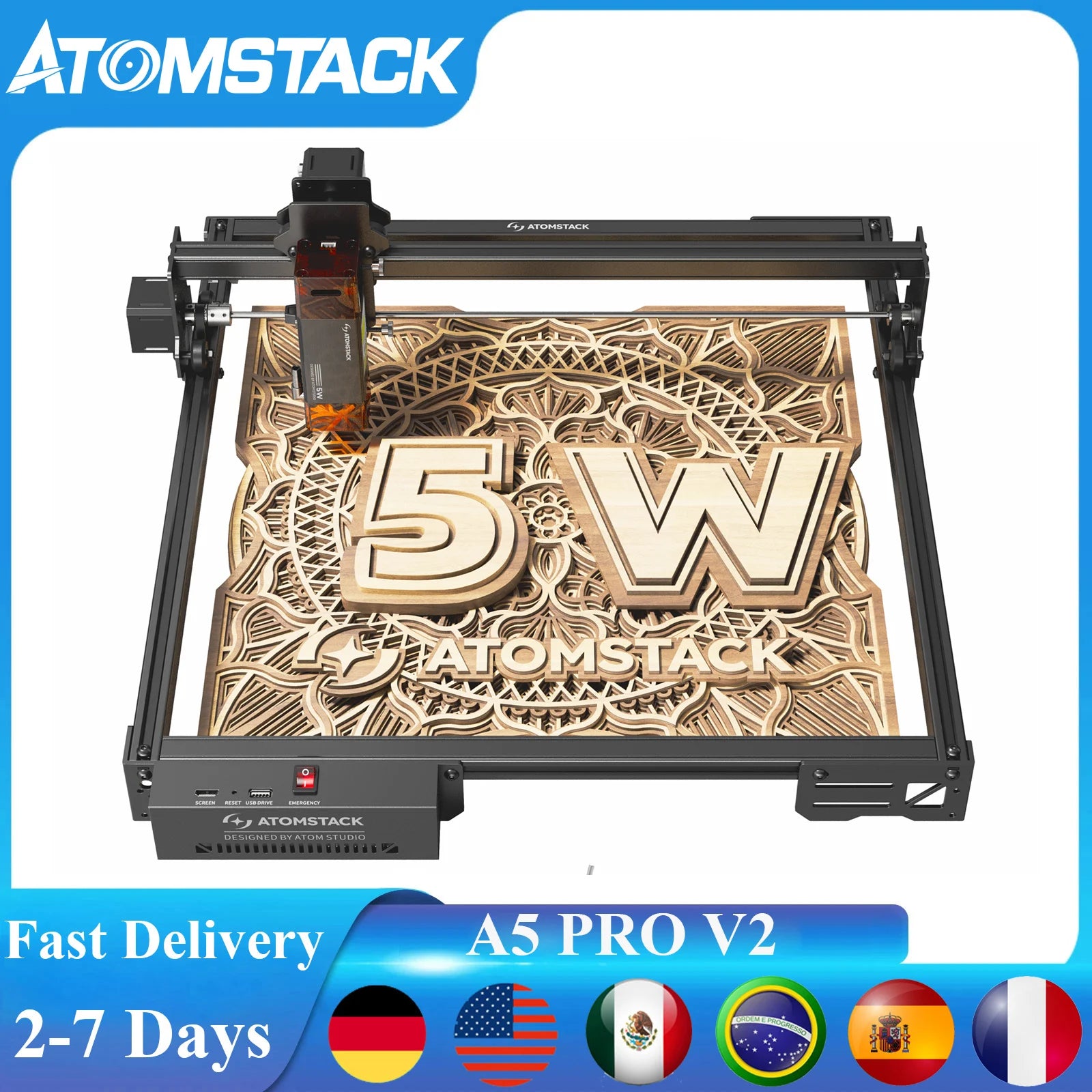 ATOMSTACK A5 Pro V2 Laser Engraving 5W CNC Laser Printer A5 PRO 40W Upgraded version 410*380mm Engraver Area For Acrylic Wood